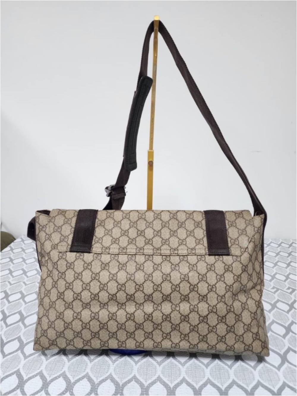 Authentic GUCCI GG Plus Monogram Double Buckle Flap Messenger Bag Beige/Brown - Picture 4 of 15
